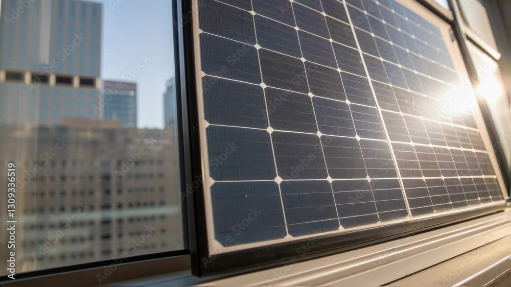 Poster sunlight reflects on a solar panel placed near a window, showcasing urban buildings in the backgroun