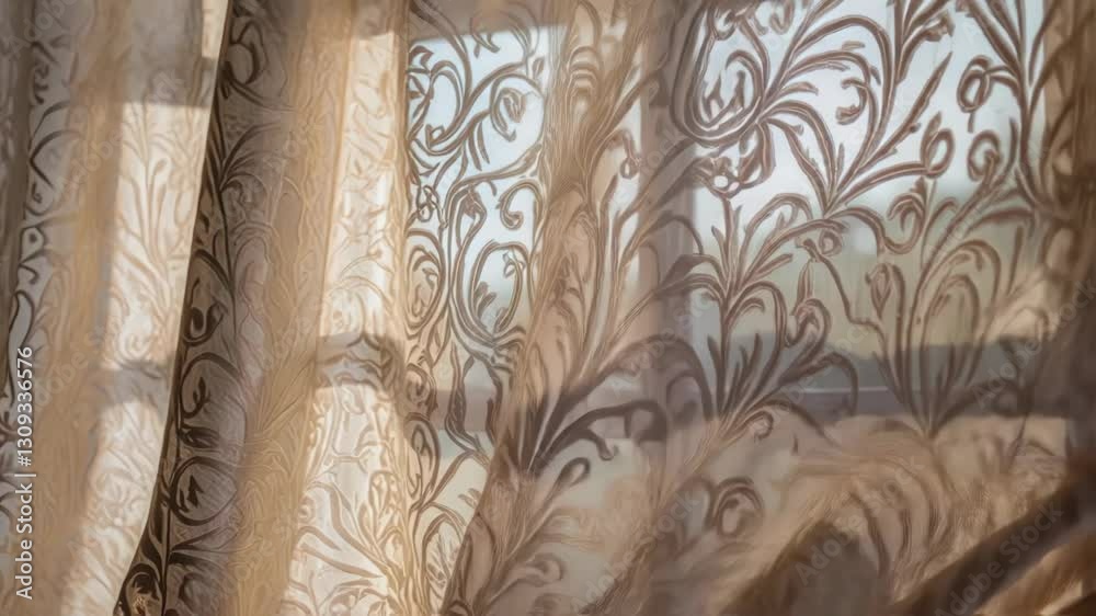 Poster Sunlight filters through sheer, patterned curtains, creating a play of light and shadow as they dance gracefully in the gentle breeze from an open window