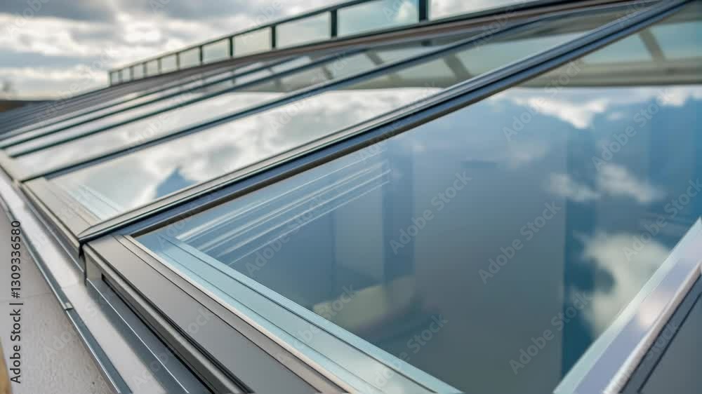 Poster automated skylight mechanism gradually rising, revealing architectural detail with increasing natura