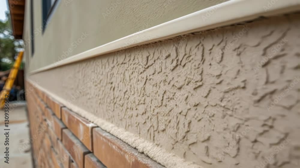 Poster construction workers are applying a textured finish to a house's exterior wall, showcasing the proce