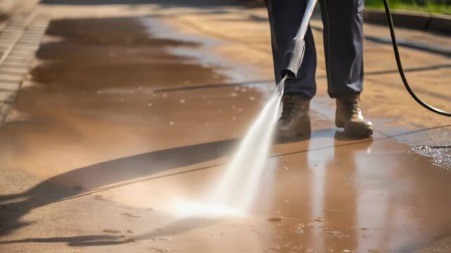 Professional cleaning service is removing dirt and grime from a paved surface using a high pressure washer, ensuring a spotless and refreshed area