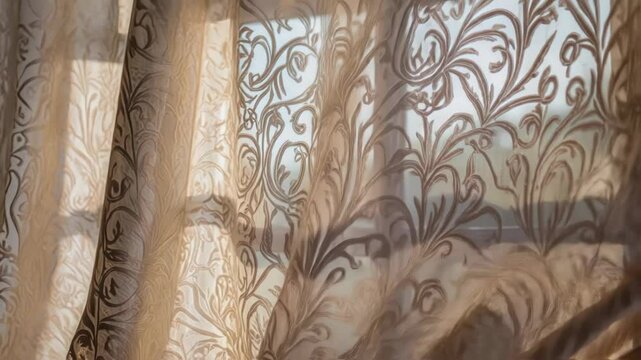 Sunlight filters through sheer, patterned curtains, creating a play of light and shadow as they dance gracefully in the gentle breeze from an open window