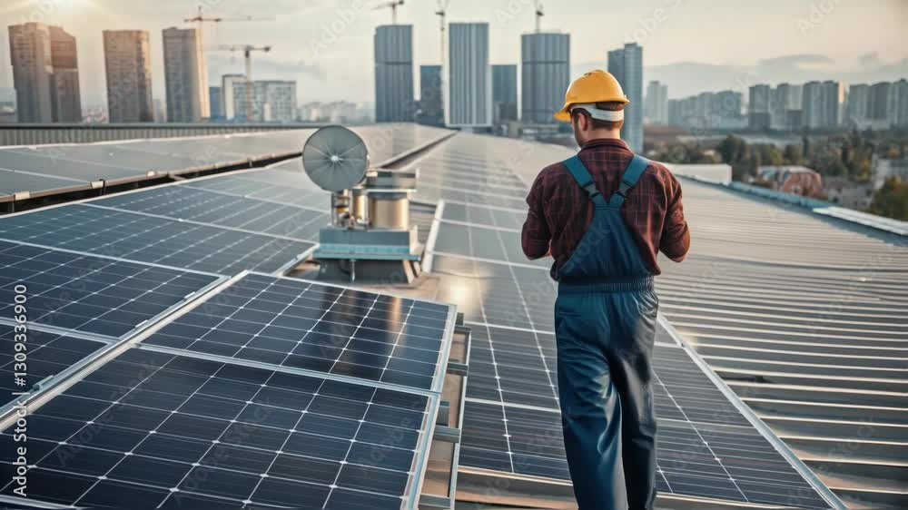 Poster professional engineer wearing overalls and hardhat walks on rooftop with solar panels and uses digit