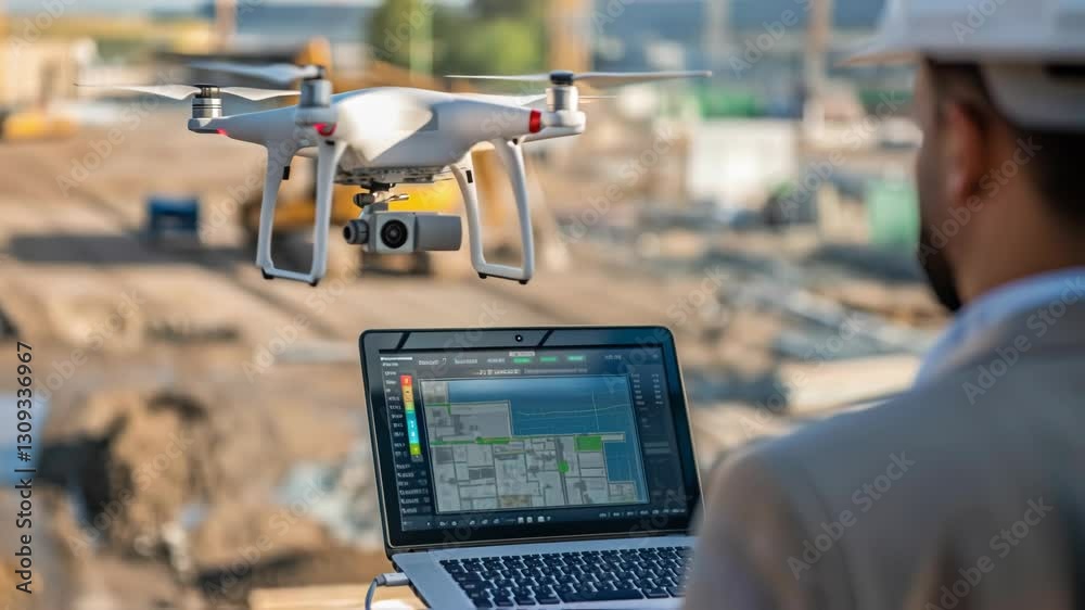 Poster Professional architect navigating drone over construction site, reviewing digital blueprint on laptop screen while monitoring project development and site progress