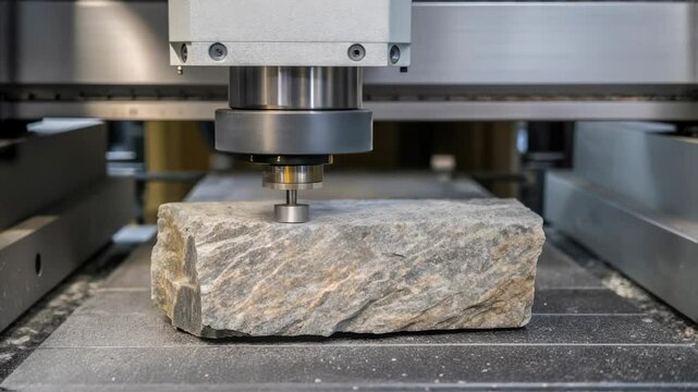 Robotic arm processing raw stone block on factory floor, highlighting precision engineering and advanced manufacturing technology for industrial production