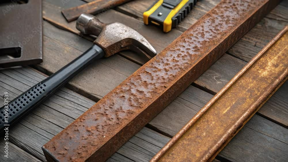 Poster Rusty metal beams lie on a dark wooden table. Accompanied by various construction tools. Including a hammer. A utility knife. A ruler. And metal plates. Creating a scene of industrial or diy activity