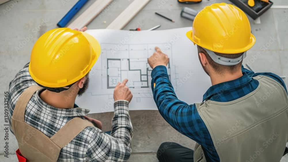 Aufkleber two construction workers wearing hard hats are sitting on the floor of a construction site, examinin