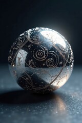Silver sphere, embossed swirls, bright highlights, christmas decoration, metallic, winter wonderland