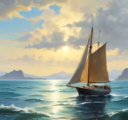 Fototapeta premium Illustration of sailboat yaht in ocean.