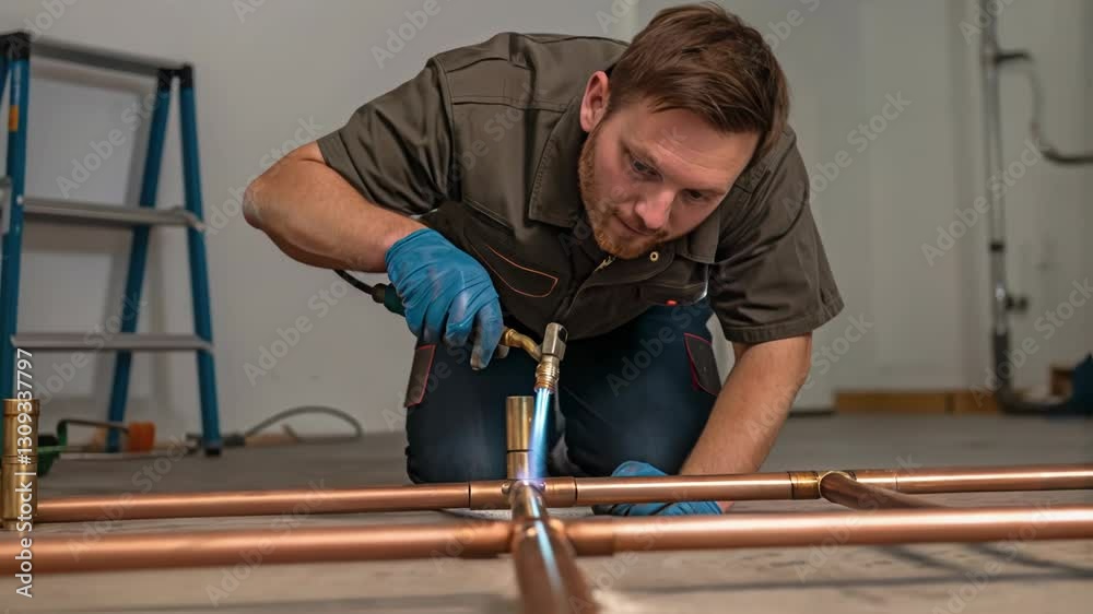 Aufkleber professional plumber carefully welds copper pipes with a blowtorch, creating a secure and leak free 