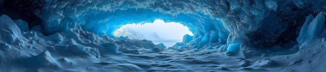 Fototapeta premium Majestic Ice Cave with Stunning Blue Light and Snow-covered Terrain. Generative AI