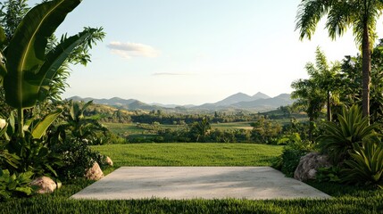 Lush tropical landscape with a concrete platform.