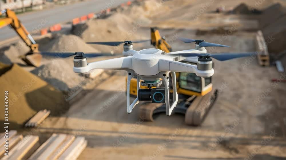 Poster White professional drone hovering over a construction site, inspecting the area with its camera, while an excavator works in the background