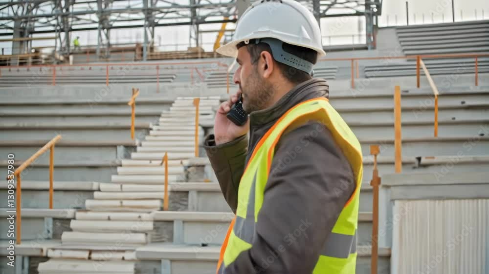 Poster construction engineer wearing a safety helmet and vest communicates on his phone while inspecting a 