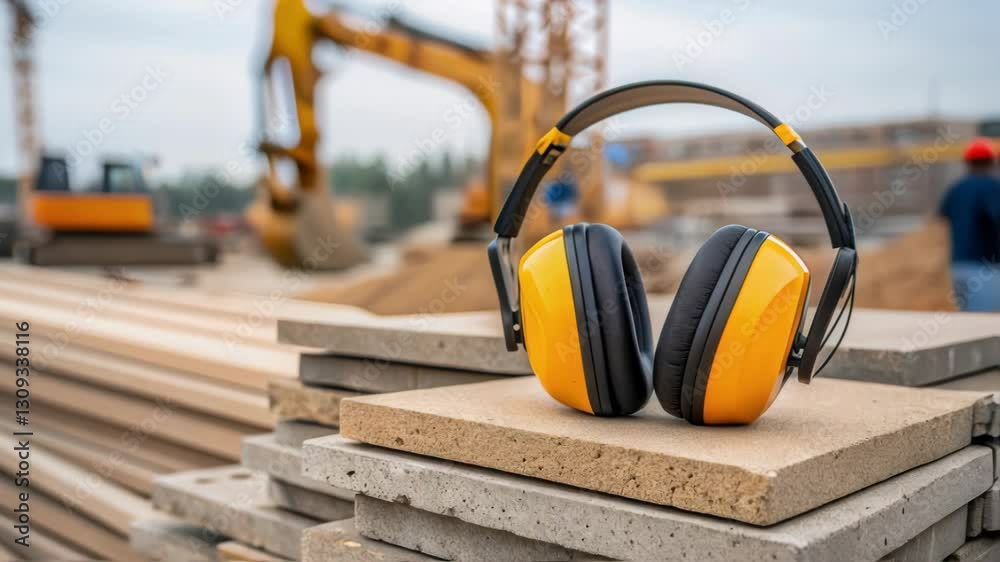 Poster yellow ear protection is placed on a concrete slab at a construction site, emphasizing the importanc