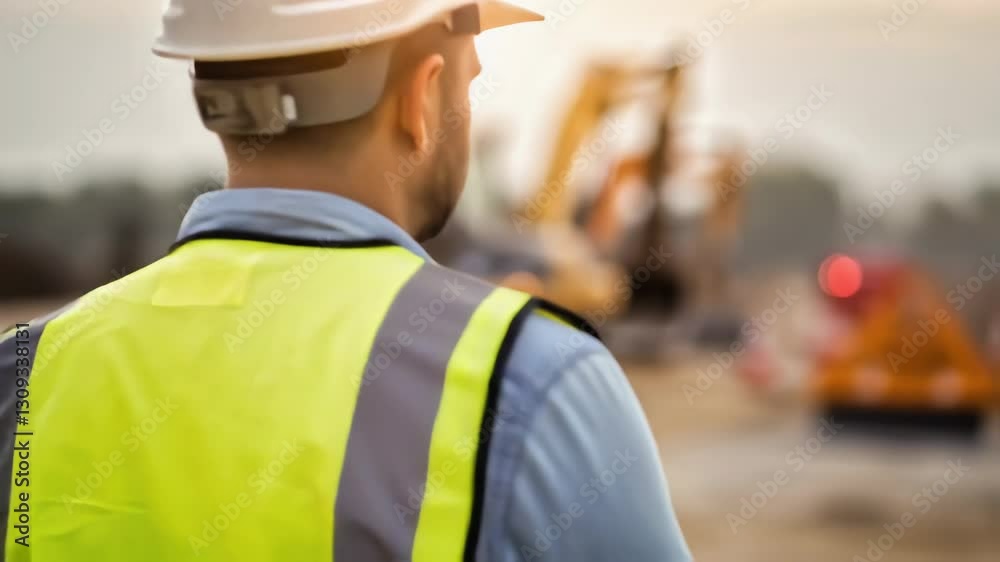 Poster construction engineer wearing safety vest and helmet uses tablet to monitor progress on building sit