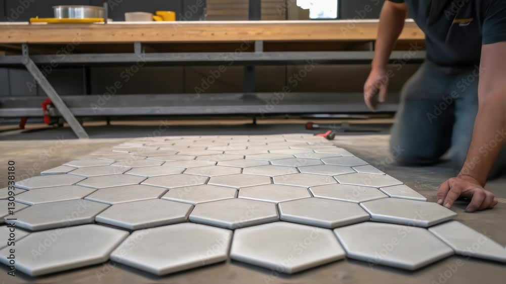Poster professional tiler carefully placing hexagonal ceramic tiles on the floor, creating a modern and sty