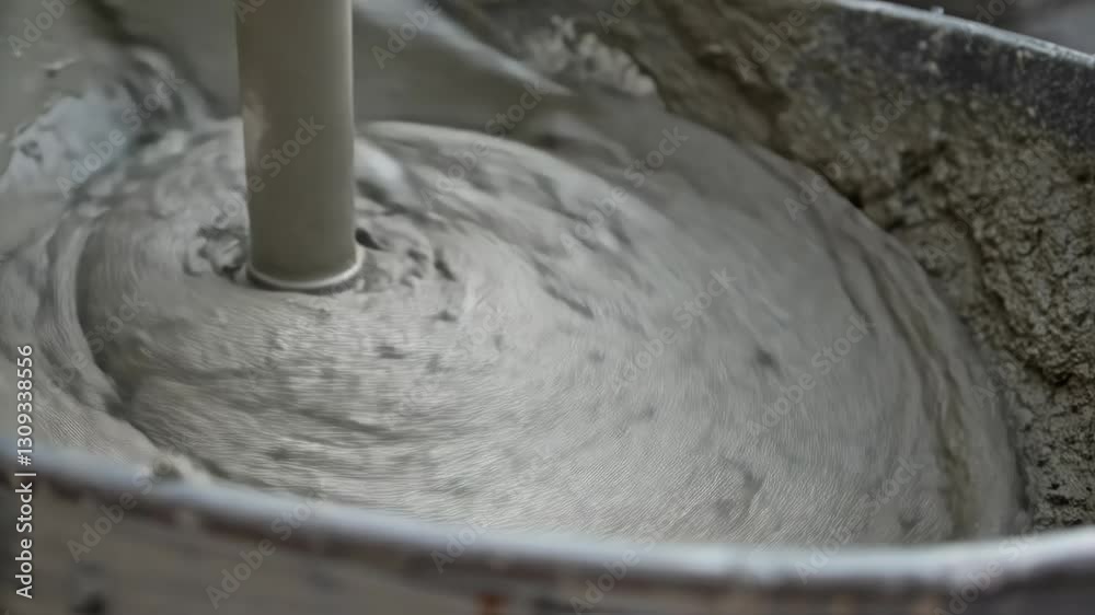 Poster construction workers mixing cement in a bucket, using a mixing drill and a trowel to ensure the prop