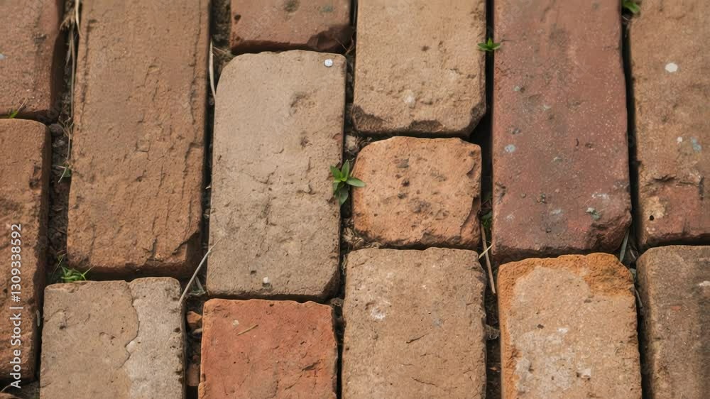 Aufkleber Weathered brick pavement texture shows subtle variations in color and placement, creating visual interest with small plants adding a touch of nature to the urban setting