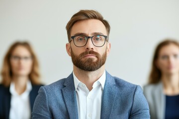 career advancement promotion accomplishment, Professional man in glasses with a serious expression, seated among colleagues in a business setting.
