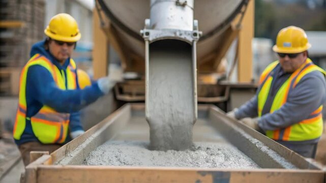 Construction workers wearing safety vests and hard hats are pouring concrete from a cement mixer truck into a formwork on a construction site