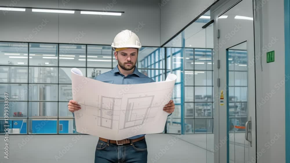 Poster professional engineer wearing safety helmet analyzing blueprints of new project in modern industrial