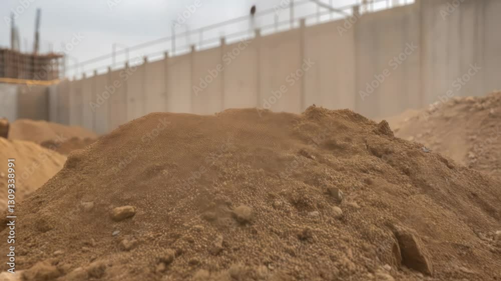 Poster Swirling dust cloud rising from large soil pile at construction site, wind creating hazy atmosphere near concrete retaining wall with blowing earth particles