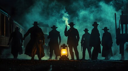 Silhouetted figures stand guard near a train, a lantern casting light against a smoky, atmospheric background.