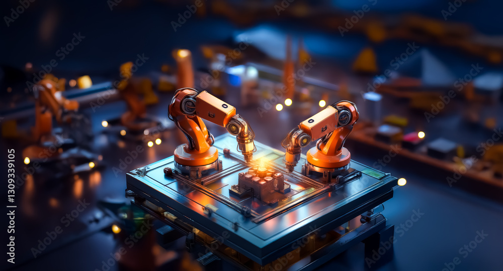 Fototapete Automated factory scene with robotic arms carefully assembling components on a circuit board in a modern industrial setting.