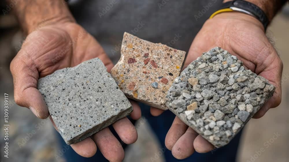 Leinwandbilder Professional construction worker analyzing concrete samples. Demonstrating texture. Color. And aggregate differences with expert precision while showcasing material variations for quality assessment