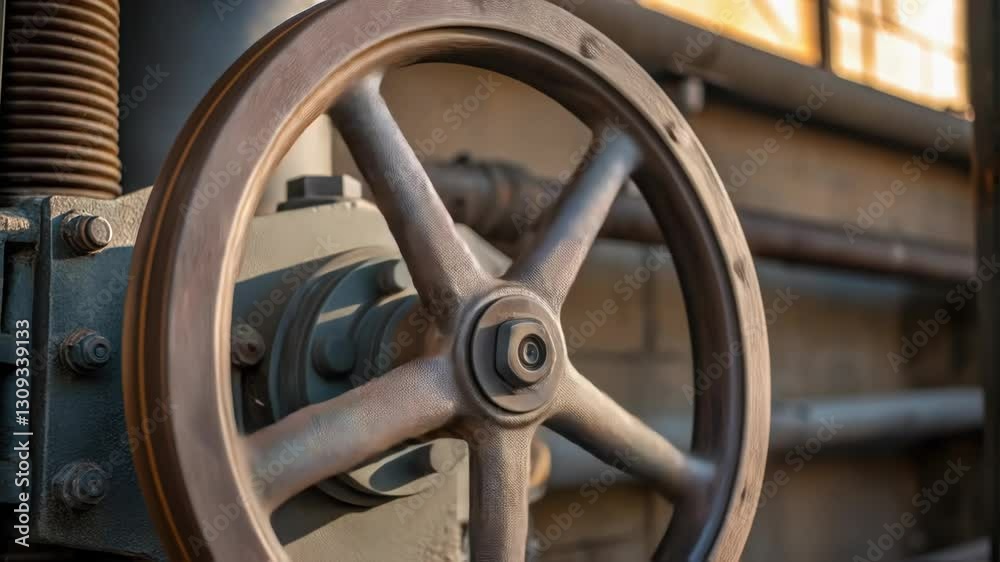 Poster Industrial rusty wheel is rotating, creating a play of light and shadows on its surface, showcasing the texture and wear of the metal in an industrial setting