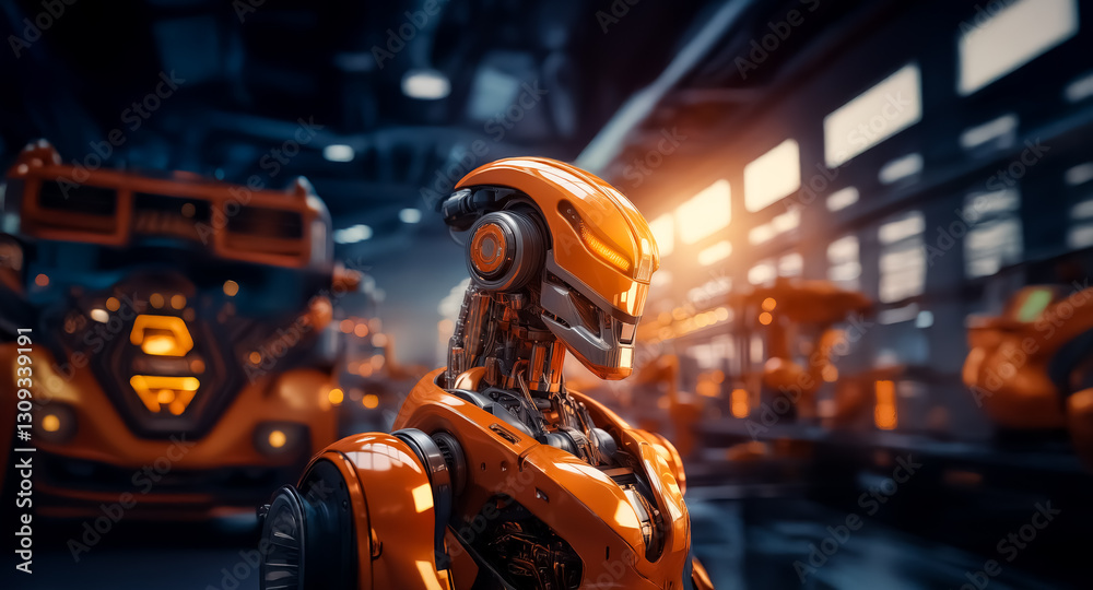 Leinwandbilder a sleek orange robot stands prominently in a futuristic industrial factory, surrounded by machinery 