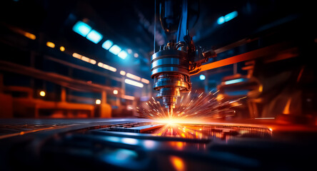 Naklejka premium Automated industrial machine precisely cuts metal, creating vibrant orange sparks in a factory. Blue machinery and bright lights illuminate the manufacturing process.