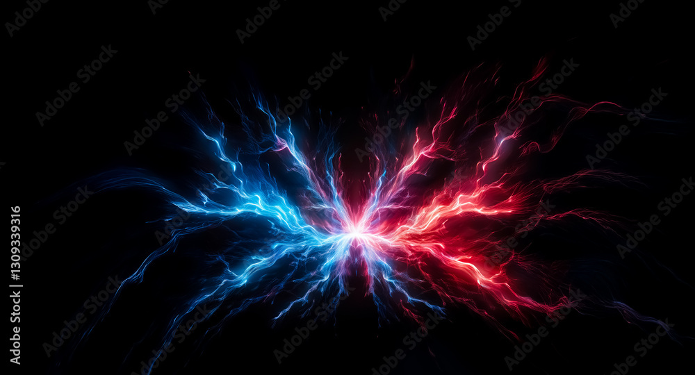 Leinwandbilder a vivid image of opposing red and blue lightning bolts intensely colliding at the center against a s