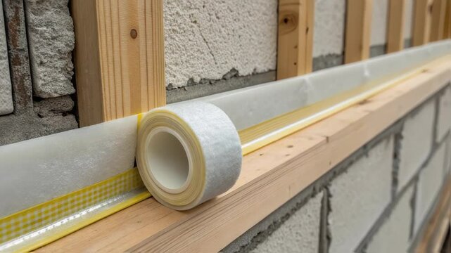 Professional builders carefully install waterproofing membrane and tape on wooden beams during a house renovation project, ensuring proper insulation and protection against moisture