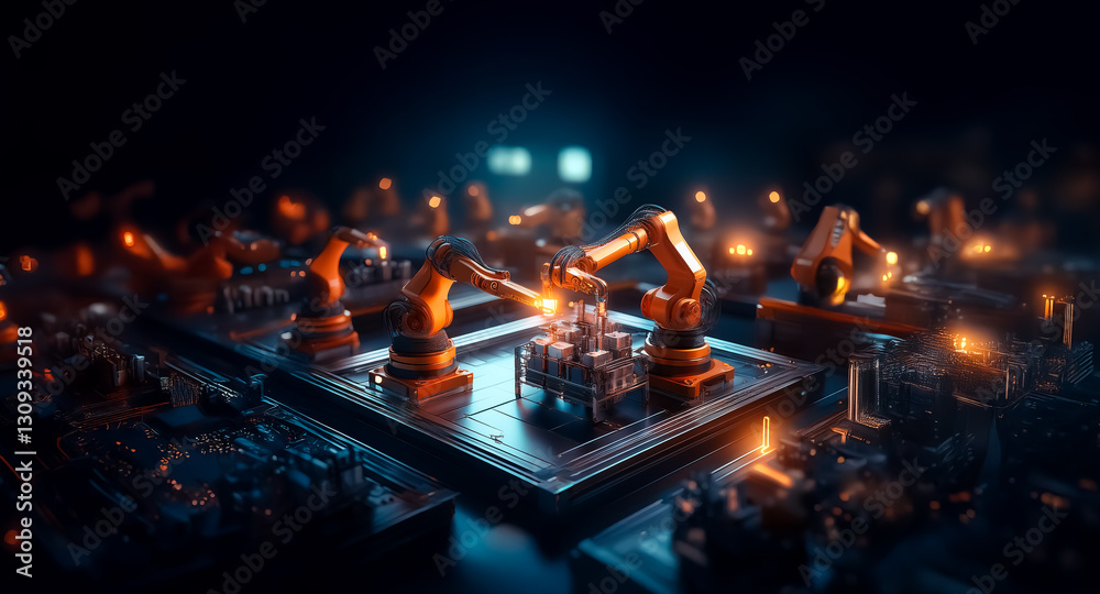 Aufkleber robotic arms work in a dimly lit, futuristic factory. orange lights illuminate the automated industr