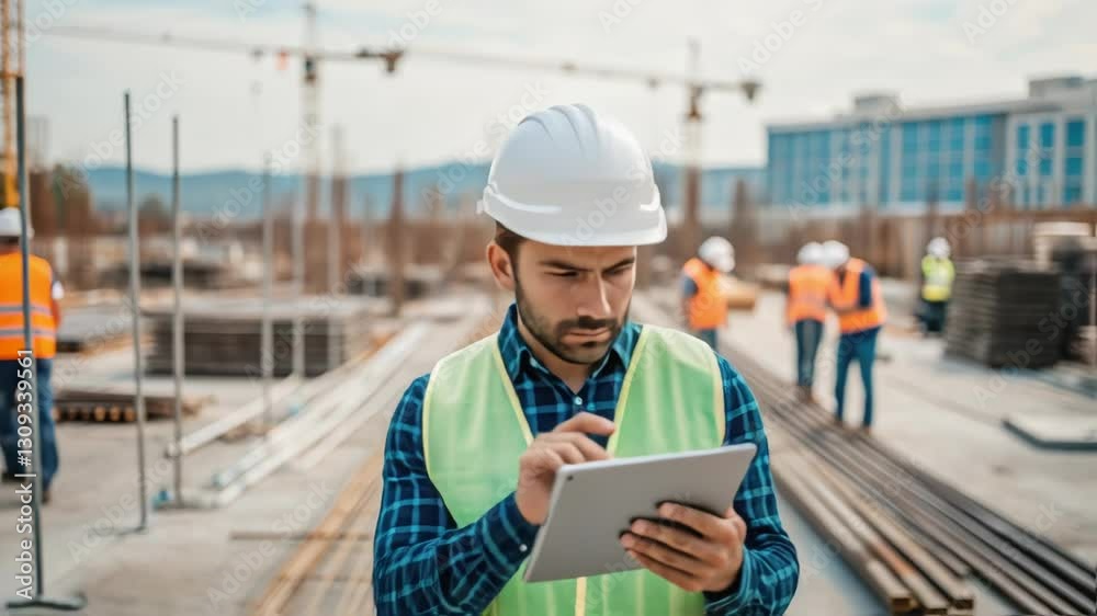 Poster Construction engineer wearing protective safety gear professionally analyzing digital blueprints and monitoring project progress using tablet while standing on active construction site