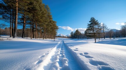 Snowy path through pine forest, winter mountains