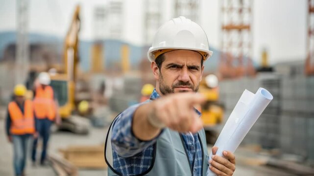 Professional construction engineer pointing with stern expression, wearing white hardhat and holding blueprints, standing at active construction site with workers and machinery in background