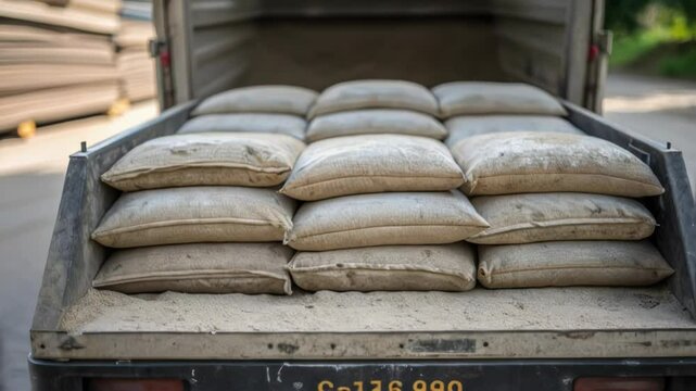 Cement bags stacked neatly within delivery truck cargo area, showcasing efficient logistics and transportation process for construction material distribution