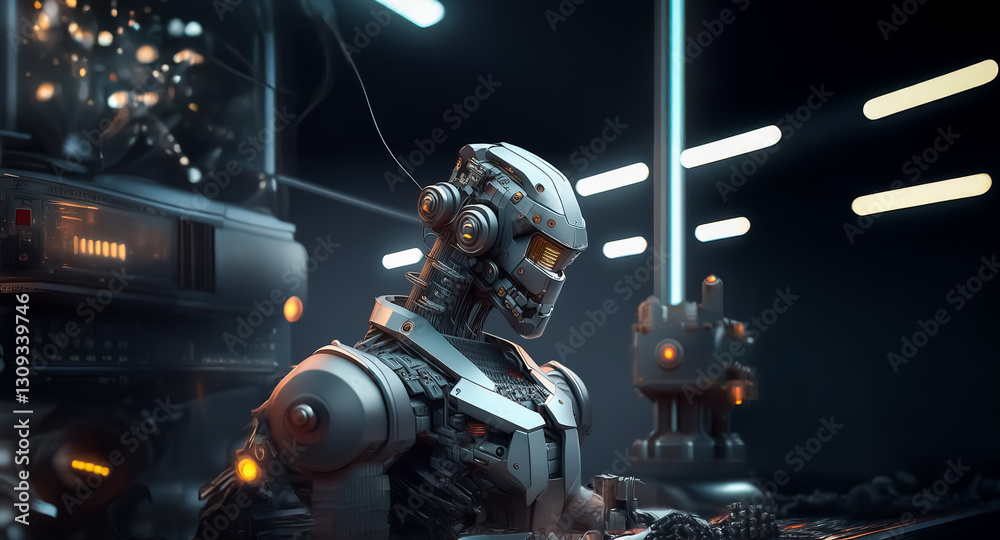 Leinwandbilder silver metallic robot with orange lights is positioned in a dark, futuristic laboratory setting with