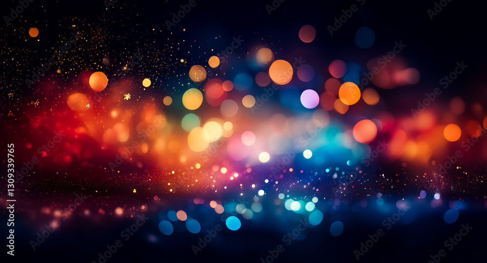 Poster abstract bokeh background with vibrant orange, red, and blue lights creating a festive and colorful 