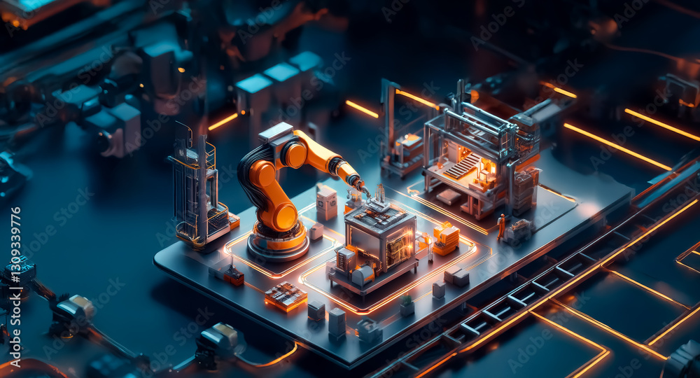 Poster futuristic industrial scene with a robotic arm expertly manipulating a cube. intricate machines and 