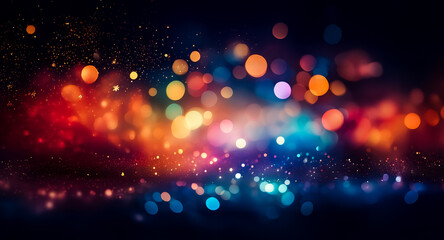 Naklejka premium Abstract bokeh background with vibrant orange, red, and blue lights creating a festive and colorful atmosphere. It's a blurred, luminous, and eye-catching design.