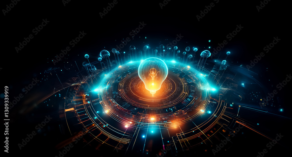Poster vibrant light bulb illuminating the dark background, surrounded by concentric glowing circles and ab