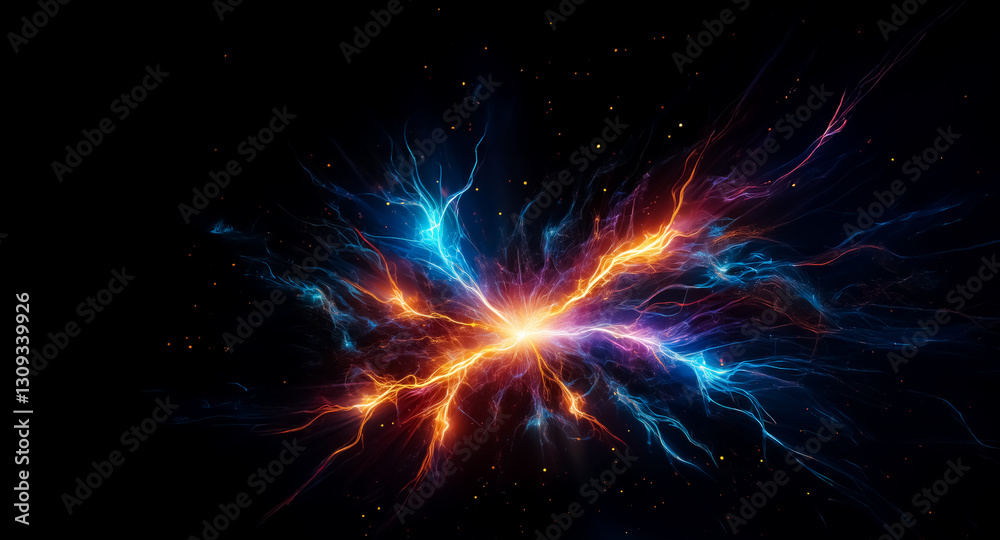 Poster vibrant streaks of blue, orange, and purple energy emanate from a central point against a dark backd