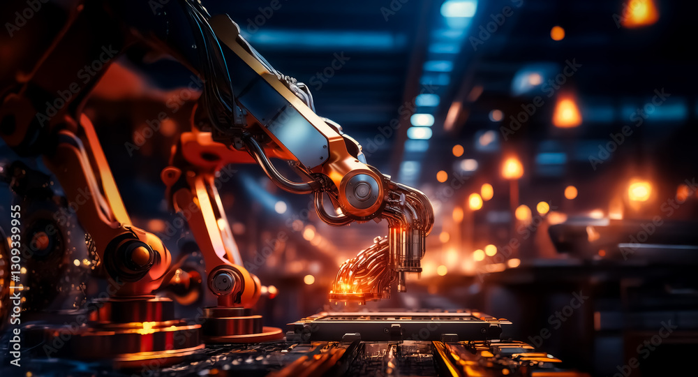 Aufkleber Automated robotic arms work in a modern factory, precisely handling a glowing component on a circuit board, showcasing industrial technology and manufacturing process.