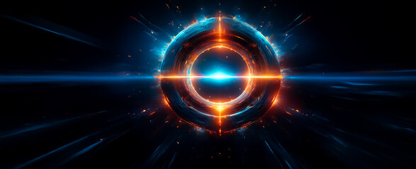 Obraz premium Abstract glowing orb with vibrant blue and orange light surrounded by radiating beams on a dark backdrop. Futuristic, energy concept.
