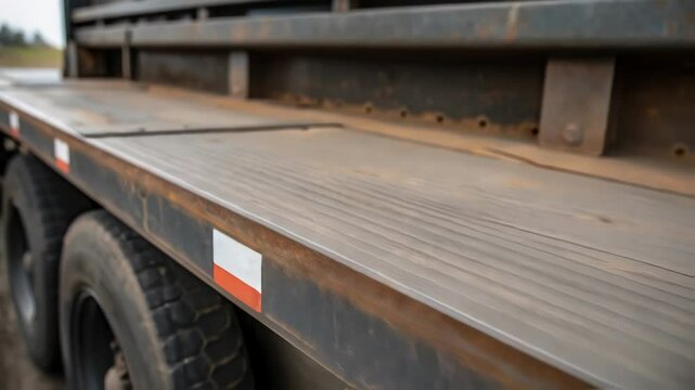 Rusty metal chain clamping down weathered flatbed trailer, highlighting industrial logistics and transportation equipment's worn condition and security function