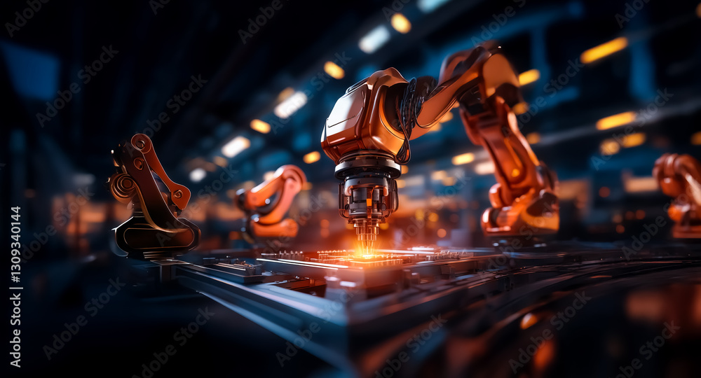 Fototapete automated robotic arms precisely work on a circuit board in a high-tech factory, illuminated by brig